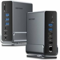 VENTION USB-C to DP/HDMI x 2/USB 3.2 Gen 2 Type-C/USB 3.2 Gen 2 Type-A x 2/USB 3.2 Gen 1 Type-C/USB 3.0/USB 2.0 x 2/RJ45/SD/TF/3.5mm TRRS/PD MST Docking Station Gray Vertical Aluminum Alloy Type (TPUH0) (VENTPUH0)
